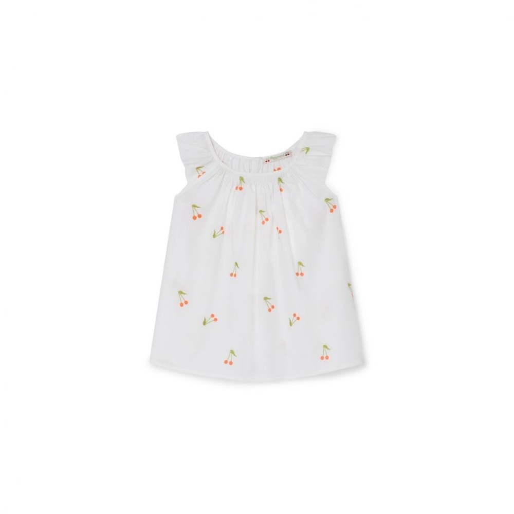 NWT BONPOINT SS22 BLOUSE WITH EMBROIDERED CHERRIES FOR GIRLS NATURAL WHITE